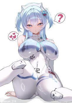 Rule 34 | 1girl, ?, absurdres, animal ear headphones, animal ears, blue eyes, blue hair, bodypaint, bodysuit, breasts, cat ear headphones, cat ears, commentary request, fake animal ears, goddess of victory: nikke, headphones, headset, heart, heart-shaped pupils, highres, huge breasts, long hair, looking at viewer, mekami shifty (nikke), multicolored bodysuit, nekoni 514, number print, painted clothes, short twintails, sitting, solo, spoken heart, spoken question mark, symbol-shaped pupils, twintails, white background, white bodysuit