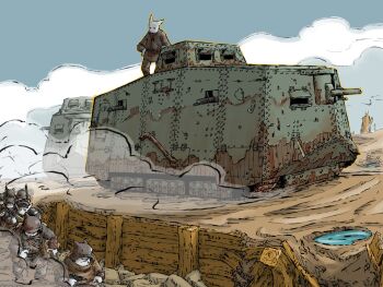 6+boys a7v_(tank) cannon caterpillar_tracks combat_helmet helmet highres military_vehicle motor_vehicle mud multiple_boys on_tank original puddle stahlhelm tank trench wooden_wall yabarn