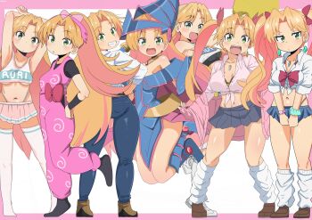 Rule 34 | 1girl, :d, absurdres, arato nagi, arato nagi (cosplay), arms behind head, arms up, bambi2000line, black bra, black shirt, blue boots, blue dress, blue hat, blue pants, blush, boots, bow, bra, bra peek, brown shoes, character name, cheerleader, closed eyes, commentary request, cosplay, dark magician girl, dark magician girl (cosplay), denim, dress, earrings, floating earrings, green eyes, gyaru, hair bow, hat, high ponytail, highleg, highleg panties, highres, hoop earrings, jacket, jewelry, jumping, loafers, looking at viewer, looking back, loose socks, microskirt, multiple views, navel, open mouth, orange hair, panties, pants, pink bow, pink jacket, pink shirt, pink skirt, pleated skirt, pom pom (cheerleading), ponytail, red bow, ruri no houseki, shirt, shoes, skirt, smile, sneakers, socks, stomach, straight hair, tanigawa ruri, thighhighs, tied shirt, twintails, underwear, white shirt, white shoes, white socks, white thighhighs