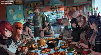 1boy 1girl 6+girls absurdres animal_ear_fluff animal_ears antenna_hair arknights bagpipe_(arknights) black_gloves black_hair black_horns black_jacket black_scarf black_shirt blaze_(arknights) blue_eyes blue_hair bowl breasts cake can cat_ears cat_girl ch&#039;en_(arknights) chopsticks closed_eyes closed_mouth collarbone collared_shirt commentary commission day demon_horns dragon_girl dragon_horns eating english_commentary exusiai_(arknights) fingerless_gloves food glasses gloves green_hair grey_hair hair_between_eyes hair_over_one_eye hairband highres holding holding_bowl holding_cake holding_can holding_chopsticks holding_food holding_potato horns hoshiguma_(arknights) indoors jacket kitchen large_breasts lemontaste long_hair looking_at_another multiple_girls necktie no_halo oni open_clothes open_jacket open_mouth orange_hair orange_necktie original red_eyes red_hair red_hairband red_horns scarf semi-rimless_eyewear shirt short_hair sidelocks single_horn sitting sleeveless smile solo sweat sweatdrop table teeth twitter_username under-rim_eyewear upper_body upper_teeth_only w_(arknights) white_shirt