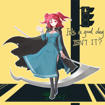 Rule 34 | 1girl, absurdres, alternate costume, black cape, blue dress, boots, cape, commentary request, dress, high heel boots, high heels, highres, holding, holding scythe, long sleeves, onozuka komachi, puffy long sleeves, puffy sleeves, red eyes, red hair, scythe, smile, solo, touhou, two side up, wuren sang, yellow background