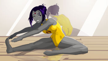 1girl alternate_costume ass barefoot bindi bob_cut breasts colored_skin dc_comics exercising female_focus forehead_jewel grey_skin highres lady_legasus large_breasts leaning_forward leotard mirror mirror_image morganagod purple_hair raven_(dc) short_hair soles solo stretching sweat teen_titans toes wince