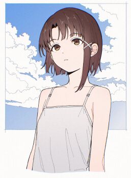 1girl blue_sky border brown_eyes brown_hair camisole cloud cloudy_sky collarbone hair_ornament highres iwakura_lain looking_afar parted_bangs parted_lips qaqyes_re serial_experiments_lain short_hair single_sidelock sky solo upper_body white_border white_camisole x_hair_ornament