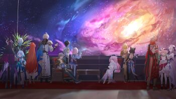 6+boys 6+girls absurdres aglaea_(honkai:_star_rail) ahoge amphoreus_(honkai:_star_rail) anaxa_(honkai:_star_rail) animal_ears black_hair blonde_hair blue_hair book caelus_(honkai:_star_rail) camera castorice_(honkai:_star_rail) cat_ears cat_tail cerydra_(honkai:_star_rail) chrysos_heirs_(honkai:_star_rail) cipher_(honkai:_star_rail) commentary commentary_request crown cyrene_(honkai:_star_rail) cyrene_(ripples_of_past_reverie)_(honkai:_star_rail) dan_heng_(honkai:_star_rail) dan_heng_(hunt)_(honkai:_star_rail) dress galaxy gradient_hair grey_hair hair_between_eyes highres holding holding_book holding_camera honkai:_star_rail honkai_(series) hood hoodie hyacine_(honkai:_star_rail) hysilens_(honkai:_star_rail) infinity_symbol little_ica_(honkai:_star_rail) long_hair looking_through_window march_7th_(honkai:_star_rail) march_7th_(preservation)_(honkai:_star_rail) multicolored_hair multiple_boys multiple_girls mydei_(honkai:_star_rail) orange_hair phainon_(honkai:_star_rail) pink_hair plant potted_plant purple_hair red_carpet red_hair shoes short_hair sitting skirt space table tail taking_picture tanemaki_monaka trailblazer_(honkai:_star_rail) tribios_(honkai:_star_rail) white_dress white_hair