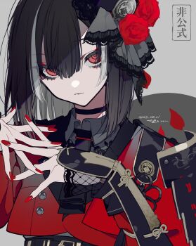 1boy armor black_hair choker closed_mouth flower grey_hair hair_ornament highres jacket japanese_armor kyogoku_masamune mochizuki_kei multicolored_hair necktie red_eyes red_flower red_jacket red_nails red_rose rose short_hair shoulder_armor sode solo touken_ranbu trap upper_body
