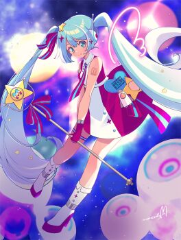 1girl aqua_ribbon belt boots collared_dress commentary_request dress full_body gloves gradient_hair hair_between_eyes hair_ornament hatsune_miku heart_ornament highres holding holding_wand knee_boots long_hair looking_at_viewer magical_mirai_(vocaloid) magical_mirai_miku magical_mirai_miku_(2022) microphone_wand multicolored_hair necktie nonkomu_(furiten5553) official_alternate_costume official_alternate_hairstyle pink_dress pink_gloves pink_hair pink_necktie pink_ribbon radio_antenna ribbon rocket_ship shirt sleeveless sleeveless_shirt smile solo spacecraft star_(symbol) star_hair_ornament streaked_hair thigh_strap twintails two-tone_dress two-tone_hair two-tone_necktie two-tone_ribbon very_long_hair vocaloid wand white_belt white_boots white_dress white_hair