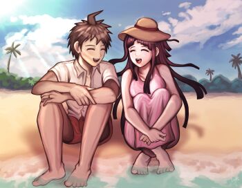 Rule 34 | 1boy, 1girl, ahoge, alternate costume, artist name, barefoot, beach, blue sky, brown hair, brown hat, bush, closed eyes, cloud, collarbone, commentary, crossed legs, danganronpa (series), danganronpa 2: goodbye despair, day, dress, eyelashes, feet, full body, hand on own arm, hat, highres, hinata hajime, jewelry, long hair, open mouth, outdoors, palm tree, pink dress, purple hair, red shorts, ring, sand, shirt, shore, short hair, short sleeves, shorts, sitting, sky, sleeveless, sleeveless dress, smile, spiked hair, sunlight, teeth, toes, tree, tsumiki mikan, upper teeth only, water, white shirt, yiancatt