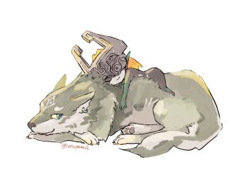 1girl animal closed_eyes commentary esuyaaa12 full_body hand_on_another's_back helmet helmet_over_one_eye link long_hair midna nintendo orange_hair shortstack sleeping smile the_legend_of_zelda the_legend_of_zelda:_twilight_princess twintails white_background wolf wolf_link