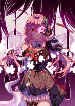 1boy 2girls absurdres asymmetrical_sleeves commentary cowboy_shot dan_heng_(honkai:_star_rail) dress earrings evernight_(honkai:_star_rail) flower frills gem gloves hair_flower hair_ornament highres honkai:_star_rail honkai_(series) jewelry layered_dress long_hair march_7th_(honkai:_star_rail) mismatched_sleeves multicolored_eyes multiple_girls pink_hair puzzle_piece red_eyes red_gemstone single_bare_shoulder single_earring smile stelle_(honkai:_star_rail) thigh_strap trailblazer_(honkai:_star_rail) two-tone_eyes user_phkn5772 very_long_hair