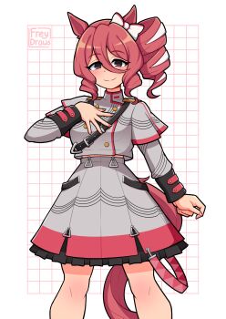 Rule 34 | 1girl, animal ears, artist name, black skirt, bow, breasts, closed mouth, commentary, cosplay, cowboy shot, english commentary, freydraws, grey skirt, grid background, hand on own chest, highres, horse ears, horse girl, horse tail, kasane teto, kasane teto (cosplay), kasane teto (sv), looking at viewer, medium breasts, medium hair, multicolored skirt, norn ace (umamusume), red hair, red skirt, single drill, skirt, smile, solo, synthesizer v, tail, umamusume, umamusume: cinderella gray, utau