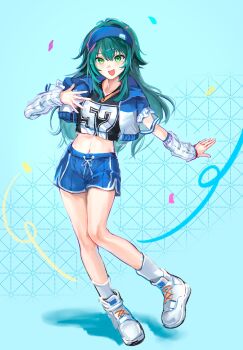 1girl :d antenna_hair aqua_hair arm_at_side artist_name bare_legs black_shirt blue_headband blue_jacket blue_shorts breasts chromatic_aberration clothes_writing confetti dolphin_shorts fishnets frilled_sleeves frills full_body gakuen_idolmaster green_eyes hair_between_eyes hair_flaps hand_up hashtag-only_commentary headband highres idolmaster jacket knees_together_feet_apart long_hair looking_ahead midriff multicolored_jacket navel open_mouth pigeon-toed ramune55ni ribbon ribbon-trimmed_shorts ribbon_trim see-through_clothes see-through_sleeves shadow shirt short-sleeved_jacket short_sleeves shorts sidelocks simple_background small_breasts smile solo standing standing_on_one_leg tsukimura_temari two-tone_jacket v-neck white_arm_warmers white_jacket white_ribbon