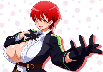 1girl :d absurdres alternate_breast_size_(larger) belt black_gloves black_jacket black_necktie breasts brown_belt center_frills cleavage collared_shirt commentary_request cosplay cowboy_shot drop_shadow frilled_shirt frills fuji_kiseki_(shooting_star_revue)_(umamusume) fuji_kiseki_(umamusume) fuji_kiseki_(umamusume)_(cosplay) gloves hair_between_eyes hand_on_own_chest highres hitokiwa_kenchin huge_breasts jacket kenjou_akira kirakira_precure_a_la_mode long_sleeves looking_at_viewer necktie open_mouth outstretched_arm partially_unbuttoned polka_dot polka_dot_background precure red_eyes red_hair shadow shirt short_hair sidelocks smile solo standing umamusume underbust white_shirt