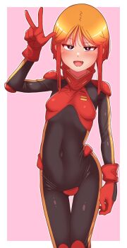 1girl absurdres boots border breasts covered_navel cowboy_shot gloves gundam gundam_zz highres light_blush looking_at_viewer mecha_pilot_suit military_uniform neo_zeon normal_suit_(gundam) onimaru_(onimal7802) open_mouth orange_hair pink_background puru_two red_boots red_gloves science_fiction short_hair small_breasts solo standing white_border