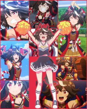 Rule 34 | 1girl, ahoge, animal ears, arm up, armpits, arms up, black hair, black shoes, black skirt, black tail, blush, breasts, cheerleader, cleavage, cleavage cutout, closed eyes, closed mouth, clothing cutout, detached sleeves, dirty, dirty clothes, dirty face, dot nose, female focus, full body, highres, horse ears, horse girl, horse tail, japanese clothes, kitasan black (crowning ooban) (umamusume), kitasan black (umamusume), legs, looking at viewer, medium breasts, medium hair, midriff, miniskirt, mud, multicolored hair, navel, no bra, one eye closed, open mouth, pom pom (cheerleading), pompoms, red eyes, shoes, skirt, socks, solo, solo focus, stitched, stomach, streaked hair, sweat, sweatdrop, tail, teeth, thighs, third-party edit, twintails, two-tone hair, umamusume, white socks, white streaks