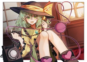 Rule 34 | 1girl, antique phone, black hat, bow, commentary, frilled skirt, frilled sleeves, frills, green eyes, green hair, green skirt, hat, hat bow, highres, indoors, komeiji koishi, looking at viewer, medium hair, phone, rotary phone, shirt, skirt, solo, third eye, touhou, ussame, wire, yellow bow, yellow shirt