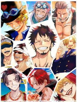 Rule 34 | 6+boys, ^ ^, black hair, black suit, blonde hair, blush, cigar, cigarette, clenched teeth, closed eyes, cup, donquixote rocinante, earrings, facial hair, formal clothes, freckles, goatee, happy birthday, hat, headband, heart, highres, holding, holding cigarette, holding cup, hood, jewelry, koby (one piece), makeup, male focus, multiple boys, necklace, one piece, orange hair, pearl necklace, penguin (one piece), pink hair, portgas d. ace, red hair, sabo (one piece), sanji (one piece), scar, scar on face, shachi (one piece), shanks (one piece), short hair, sideburns, smile, smoker (one piece), stitched face, stitches, suit, sunglasses, teeth, trafalgar law, undercut, white hair, zwtpms