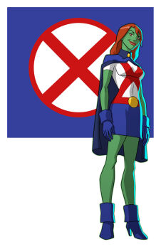 1girl alien blue_footwear blue_gloves blue_skirt boots cape colored_skin dc_comics freckles gloves green_skin high_heel_boots high_heels highres jerome-k-moore miss_martian red_hair skirt smirk superhero_costume young_justice