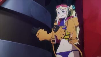 Rule 34 | 1girl, animated, audible speech, blonde hair, breasts, curvy, double bun, eyelashes, freckles, goggles, goggles on head, hair bun, headphones, highres, jacket, japanese audio, large breasts, light smile, one piece, open clothes, open jacket, punching, ryona, solo, sound, talking, toei company, twintails, upper body, vegapunk york, video