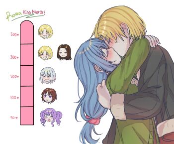 &gt;_&lt; 6+girls absurdres arms_around_neck asahi_rokka bang_dream! black_jacket blonde_hair blue_hair blush brown_hair cardigan closed_eyes commentary english_commentary english_text fang green_cardigan grey_hair grin heart highres hug jacket kiss kiss_meter_(meme) kurata_mashiro long_hair luvechaee meme multiple_girls open_mouth purple_eyes purple_hair sato_masuki short_hair smile swimsuit toyama_asuka twintails udagawa_ako wakana_rei white_background yuri
