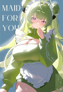 1girl absurdres alternate_costume antenna_hair apron arm_at_side blue_background blush breasts cleavage_cutout closed_mouth clothes_writing clothing_cutout commentary cowboy_shot double_bun dress frilled_apron frills goddess_of_victory:_nikke green_dress green_hair hair_bun hair_intakes hand_to_own_mouth hand_up heart heart_in_eye highres jersey_maid kotha_art large_breasts long_hair long_sleeves looking_at_viewer maid maid_headdress purple_eyes sidelighting simple_background smile soda_(nikke) solo standing striped_clothes striped_dress symbol_in_eye unconventional_maid very_long_hair waist_apron watermark white_apron zipper zipper_pull_tab