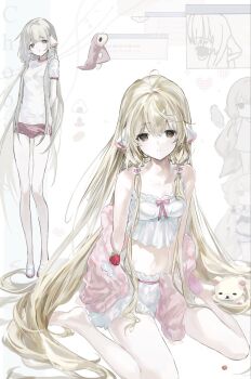 Rule 34 | 1girl, android, arms behind back, barefoot, blonde hair, bloomers, bow, brown eyes, buruma, camisole, chii, chobits, commentary request, feet, frilled camisole, frills, full body, gym uniform, hair tubes, highres, korilakkuma, long hair, looking at viewer, multiple views, parted lips, persocom (chobits), pink bow, red buruma, robot ears, san-x, shirt, short sleeves, sitting, standing, stuffed animal, stuffed toy, thighs, toqha3247, underwear, very long hair, wariza, white background, white bloomers, white camisole, white shirt, window (computing)