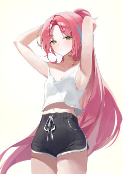 1girl armpits arms_behind_head arms_up bare_arms bare_shoulders black_shorts breasts closed_mouth collarbone commentary cowboy_shot crop_top crop_top_overhang dolphin_shorts drawstring english_commentary expressionless green_eyes hanako_nana highres long_hair looking_at_viewer midriff navel parted_bangs pink_hair ponytail rahwol177 shirt short_shorts shorts simple_background sleeveless sleeveless_shirt small_breasts solo stellive thighs very_long_hair virtual_youtuber white_background white_shirt