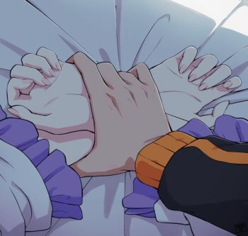 1boy 1girl bed_sheet black_jacket ecjhonny89 emilia_(re:zero) hand_focus hetero highres holding_another&#039;s_wrist jacket long_sleeves natsuki_subaru re:zero_kara_hajimeru_isekai_seikatsu white_jacket