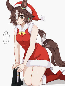 ... 1girl animal_ears bare_shoulders boots brown_eyes brown_hair christmas closed_mouth dress full_body hair_over_one_eye hat hide_oo high_heel_boots high_heels highres horse_ears horse_girl horse_tail metronome ponytail red_boots red_dress santa_hat seiza simple_background sitting sketch sleeveless sleeveless_dress solo tail umamusume vodka_(umamusume) white_background