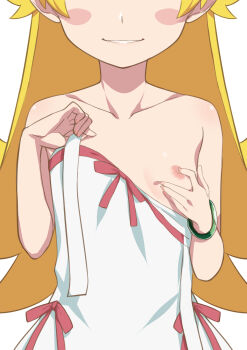 1girl bare_shoulders blonde_hair blush breasts clothes_pull collarbone dress dress_pull female_focus grabbing_own_breast hand_on_breast highres loli long_hair monogatari_(series) morisobo nipple_stimulation nipple_tweak nipples one_breast_out oshino_shinobu parted_lips pink_ribbon ribbon simple_background skindentation small_breasts smile solo teeth vampire white_background white_dress