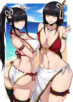 2girls adapted_costume alternate_hairstyle arms_under_breasts ass beach bikini breasts fewer_digits hair_ornament highres hime_cut hinoa jewelry large_breasts minoto monster_hunter_(series) monster_hunter_rise multiple_girls necklace outside_border pointy_ears ponytail shell shell_necklace shimure_(460) siblings sisters swimsuit thigh_strap twins yellow_eyes