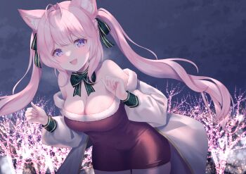 1girl alternate_costume animal_ears antenna_hair blue_eyes blush breasts cleavage dress fur-trimmed_dress fur_trim hakui_koyori highres hololive large_breasts long_hair looking_at_viewer open_mouth outdoors pink_hair purple_eyes red_dress santa_costume santa_dress solo tsukimochikuriko_(tsukimochi_k) twintails very_long_hair virtual_youtuber wolf_ears wolf_girl