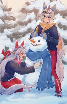 Rule 34 | 2girls, absurdres, ahoge, animal ears, blue coat, blue eyes, blue hairband, blue mittens, blue scarf, blush, carrot, closed eyes, closed mouth, coat, commentary, ear covers, ear ornament, english commentary, fingerless gloves, gloves, grey hair, grey tail, hair between eyes, hair ornament, hairband, headband, highres, horse ears, horse girl, horse tail, jacket, long hair, long sleeves, mittens, multicolored hair, multicolored hairband, multiple girls, oguri cap (umamusume), open mouth, outdoors, pants, red headband, red pants, red scarf, red track suit, scarf, smile, snowman, striped clothes, striped hairband, tail, tamamo cross (umamusume), tanukimo imo, tracen training uniform, tracen winter coat, track jacket, track pants, track suit, two-tone hairband, umamusume, very long hair, white gloves, winter clothes, winter coat, winter uniform, yellow scarf