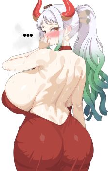 ... absurdres alternate_costume ass backboob backless_outfit bare_back blush breasts brown_eyes curvy dress earrings from_behind gradient_hair green_hair highres horns huge_breasts jewelry long_hair looking_at_viewer looking_back multicolored_hair one_piece ponytail red_dress simple_background txlyre white_background white_hair yamato_(one_piece)