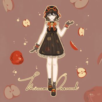 Rule 34 | 1girl, absurdres, apple, apple print, apple slice, bare legs, bare shoulders, black dress, black gloves, black hair, black shoes, black socks, bow, bowtie, brown background, brown eyes, copyright name, dress, earrings, food, food print, footwear bow, frilled dress, frilled wrist cuffs, frills, fruit, fruit background, fruit print, fruity wish (infinity nikki), full body, gloves, hair between eyes, hair ribbon, happy, highres, infinity nikki, jewelry, knees, lace-trimmed socks, nikki (series), open mouth, outline, pleated dress, polka dot, polka dot socks, polka dot wrist cuffs, qianyimuthyimu, red bow, red bowtie, red ribbon, red wrist cuffs, ribbon, shoes, short dress, short hair, signature, sleeveless, sleeveless dress, smile, socks, solo, standing, stylist (nikki), tareme, teeth, turtleneck, turtleneck dress, upper teeth only, wrist cuffs, yellow outline