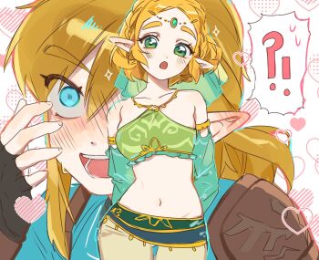!? 1boy 1girl aqua_eyes aqua_sleeves aqua_tunic aqua_veil armor arms_behind_back bare_shoulders black_gloves blonde_hair blush braid breasts circlet cowboy_shot crop_top crown_braid detached_sleeves didi_en_ilu fingerless_gloves gerudo_set_(zelda) gloves gold_trim green_eyes green_shirt hair_between_eyes hetero highres leather_armor link looking_at_another low_ponytail medium_breasts midriff navel nintendo open_mouth panties parted_bangs pointy_ears ponytail princess_zelda sash shirt short_hair shoulder_armor sidelocks sweat the_legend_of_zelda the_legend_of_zelda:_breath_of_the_wild tunic underwear upper_body veil waist_sash white_panties