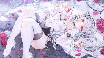 1girl alllisso blush board_game bow chess corset cross_laced flower frills gloves headdress high_heels highres long_hair lying maid monochrome red_eyes rose thighhighs white_hair