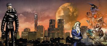 1girl absurdres arioch_(megami_tensei) artist_name astaroth_(megami_tensei) bael_(megami_tensei) bald beelzebub_(megami_tensei) black_hair black_nails blonde_hair blue_eyes cat cityscape cloud crown demon_(megami_tensei) frog green_eyes heterochromia highres horns jewelry kazuma_kaneko lightning lilith_(megami_tensei) louis_cypher lucifuge_(megami_tensei) mask megami_tensei_juunenshi moon multiple_boys necktie official_art pointy_ears red_eyes red_hair ring satan_(megami_tensei) shin_megami_tensei shin_megami_tensei_ii shiraishi_megumi_(colorist) signature snake third-party_source tokyo_(city) tokyo_metropolitan_government_building wings yellow_necktie