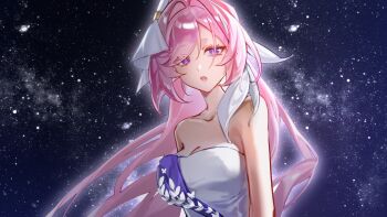 1girl bare_shoulders breasts chinese_commentary cleavage commentary_request diamond-shaped_pupils diamond_(shape) dress elysia_(honkai_impact) hair_ornament highres honkai_(series) honkai_impact_3rd large_breasts long_hair looking_at_viewer multicolored_hair open_mouth pink_hair procreate_(medium) purple_eyes seawave02974 sky solo star_(sky) starry_sky symbol-shaped_pupils two-tone_hair very_long_hair white_dress white_hair