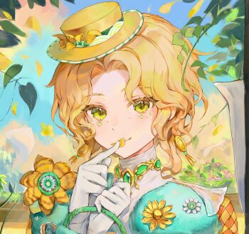 1girl absurdres alice_deross alice_deross_(miss_watson) blonde_hair blue_sky bush face_gems flower gloves hair_intakes hat high_collar highres identity_v leaf looking_at_viewer medium_hair mini_hat mini_top_hat plant portrait sky smile solo top_hat wavy_hair white_gloves xiaomianduoshao yellow_eyes yellow_flower yellow_hat yellow_theme