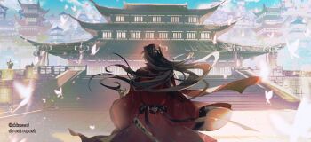 Rule 34 | animal print, architecture, artist name, belt, black belt, black hair, bug, building, butterfly, butterfly print, chinese clothes, commentary, day, e-ming scimitar, east asian architecture, english commentary, floral print, from behind, hair ornament, hanfu, highres, hua cheng, insect, jewelry, long hair, long sleeves, male focus, red hanfu, scimitar, sheath, sheathed, solo, stairs, suto (sakumaaritsu), sword, tianguan cifu, very long hair, weapon, white butterfly, wide sleeves