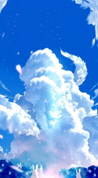 Rule 34 | 1boy, arrow (projectile), blue eyes, blue sky, cloud, commentary, cumulonimbus cloud, dragon, eastern dragon, english commentary, glowing, glowing eyes, highres, holding, holding arrow, makoron117117, original, petals, rabbit, sky