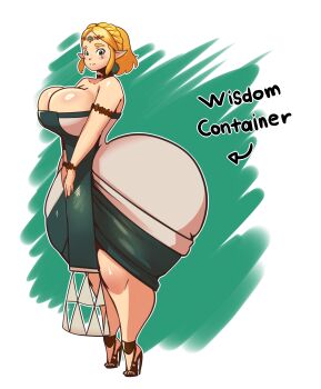 ass blonde_hair breasts cleavage dress evil_container_(meme) high_heels huge_breasts jewelry looking_at_viewer meme nintendo princess princess_zelda schnauzercito short_hair smile the_legend_of_zelda the_legend_of_zelda:_tears_of_the_kingdom thick_thighs thighs white_dress