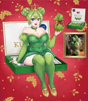 1girl blue_eyes breasts candy candy_hair_ornament choker commentary detached_sleeves double_bun dress earrings english_commentary finnish_text food food-themed_hair_ornament green_choker green_dress green_hair green_sleeves green_thighhighs hair_bun hair_ornament highres huge_breasts jewelry mallinaamari original personification product_placement short_dress short_eyebrows sitting solo swedish_text thighhighs