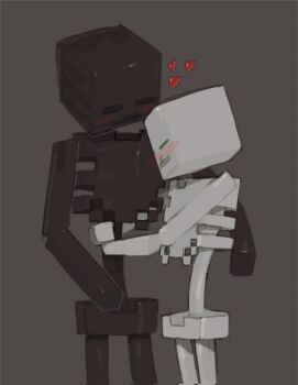 1kogito1 2boys black_skin blush colored_skin commentary cowboy_shot english_commentary grey_background half-closed_eyes heart height_difference highres hug minecraft multiple_boys skeleton_(minecraft) square standing tall_male undead white_skin wither_skeleton_(minecraft) yaoi