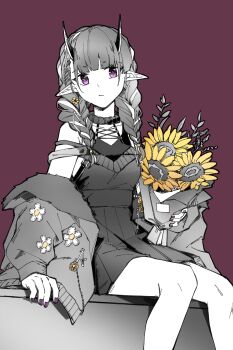 1girl arknights bare_shoulders bouquet braid chinese_commentary closed_mouth commentary_request expressionless feet_out_of_frame fingernails flower hair_flower hair_ornament hair_over_shoulder highres holding holding_bouquet horns jacket lava_(arknights) lava_(bunch_of_sunlight)_(arknights) medium_hair nail_polish off_shoulder partially_colored piaoliu_ping_ping_ping_pingzi pointy_ears purple_background purple_eyes purple_nails simple_background sitting skirt solo sunflower twin_braids yellow_flower