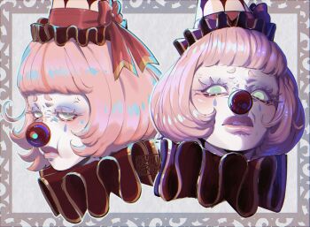 1girl absurdres anger_vein angry blackberreh-art blue_eyeshadow blush bob_cut bow clown clown_makeup clown_nose commentary english_commentary eyelashes eyeshadow frills green_eyes hat highres makeup original parted_lips pink_lips poppet_(blackberreh-art) puffy_cheeks sharp_teeth short_hair teeth thick_lips