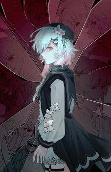 Rule 34 | 1girl, absurdres, angry, beret, black dress, black hat, cowboy shot, dress, flower, from side, gradient hair, hair flower, hair ornament, haishin shoujo no uraaka meikyuu, hat, highres, lnyulingyu77609, long sleeves, looking at viewer, mahou shoujo no inshuu mura, mahou shoujo no majo saiban, multicolored hair, nikaido hiro, official alternate costume, official alternate hairstyle, parted lips, pink eyes, pink hair, profile, red eyes, sakuraba ema, shards, short hair, shorts, solo, spoilers, standing, white hair, white shorts, witch (manosaba), x hair ornament