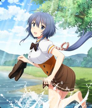 1girl :d ahoge barefoot blue_eyes blue_hair blue_sky blush breasts brown_corset brown_shoes brown_skirt buttons cloud cloudy_sky corset day game_cg hair_ornament hairclip holding holding_shoes holding_unworn_clothes large_breasts leaning_forward long_hair looking_at_viewer looking_to_the_side low_ponytail mole mole_under_eye mountainous_horizon nature official_art open_mouth osafune_girls_academy_school_uniform outdoors ponytail school_uniform setouchi_chie shirt shoes short_sleeves sidelocks skirt skirt_hold sky smile solo splashing standing standing_on_one_leg sunlight third-party_source toji_no_miko toji_no_miko:_kizamishi_issen_no_tomoshibi tree underbust unworn_shoes very_long_hair wading water white_shirt