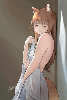1girl absurdres against_wall animal_ear_fluff animal_ears blunt_bangs blush breasts brown_hair closed_mouth commentary cowboy_shot from_side frown half-closed_eyes hand_up highres holding holding_towel holo indoors long_hair looking_at_viewer naked_towel penguin_sensei_(artist) red_eyes sidelighting signature small_breasts solo spice_and_wolf standing sunlight tail towel very_long_hair wolf_ears wolf_girl wolf_tail