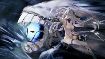 Rule 34 | 1girl, absurdres, animal ears, bandaged arm, bandages, bare shoulders, blue eyes, bodysuit, breasts, chaos zero nightmare, cokei, commentary request, covered navel, highres, large breasts, long hair, monster, narja (chaos zero nightmare), open mouth, pale skin, skin tight, sleeveless, sleeveless bodysuit, teeth, thigh strap, white bodysuit, white hair